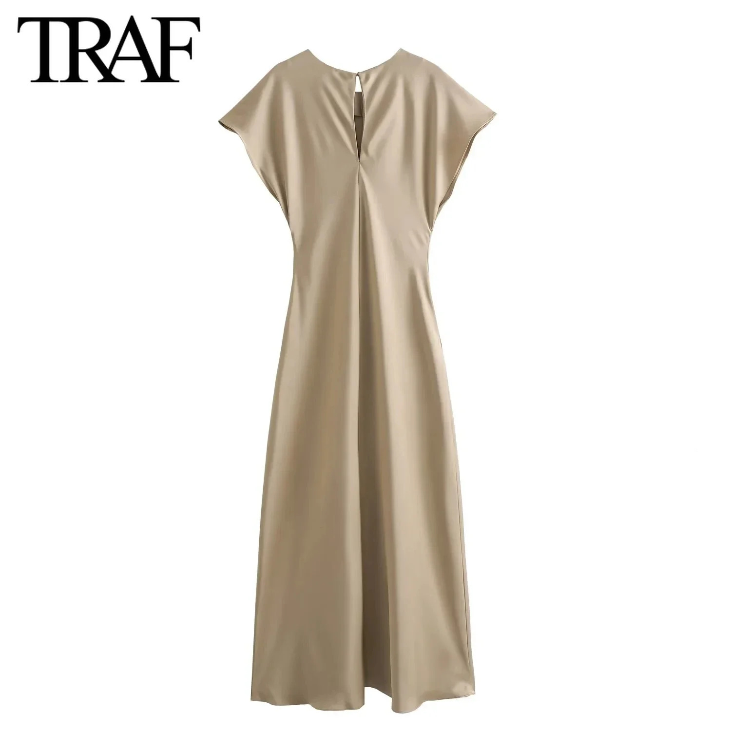 TRAF Women Fashion Summer Solid Color Sleeveless O-neck Satin Long Dress France Chic Female Evening Mujer Vestidos De Fiesta 240715