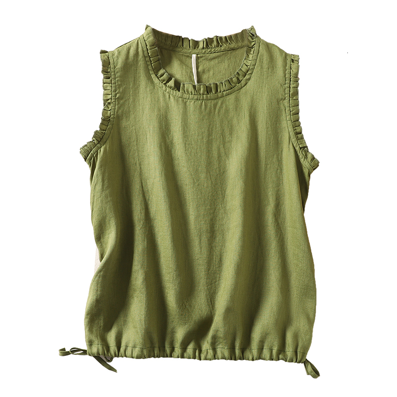 Summer cotton, hemp, fungus edge loose slimming drawstring vest women, solid color base top for outerwear