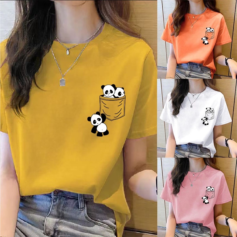 Year's clothing, women's tops, new Women's Short Sleeve Top Summer New pocket panda Cartoon Printed T-shirt Korean fashion tops Loose r