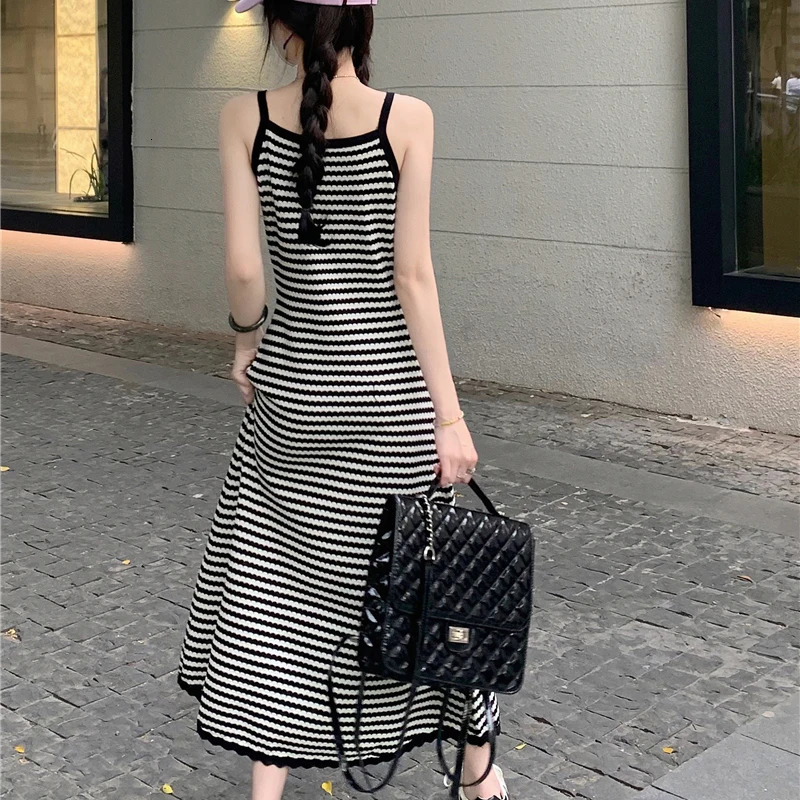 V-neck Striped Spaghetti Straps Knitted Dress Womens Summer Long A- line Dress 240715