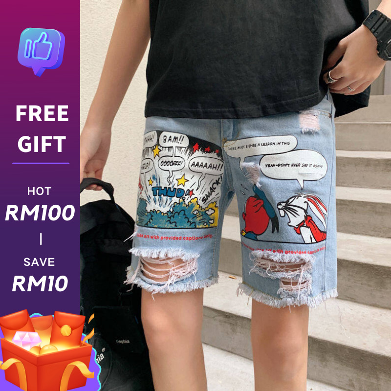 MARK BELT Summer hole Printed denim shorts Hip-hop slim Ripped jeans