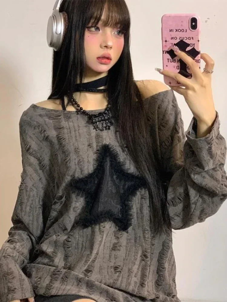 Y2k Women Vintage Star Gray Harajuku T-shirts Top Oversized Acubi Tshirt Long Sleeve Aesthetics Off Shoulder Tops Alt Clothes 240717