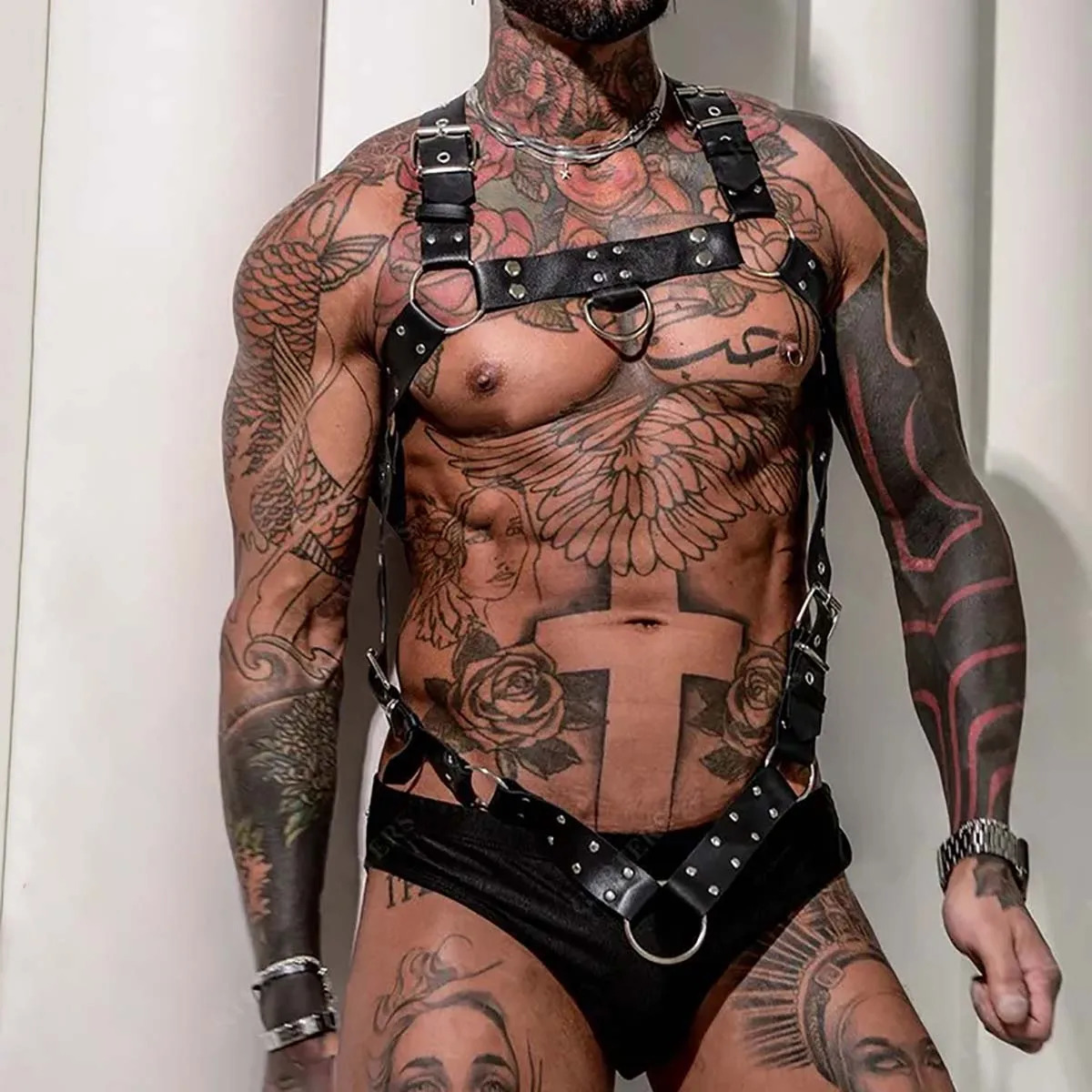 Fetish Gay BDSM Suspendres Bondage Men Sexy PU Leather Harness Male Lingerie Adjustable Body Punk Style Belts Harajuku For Adult 240711 - view 4