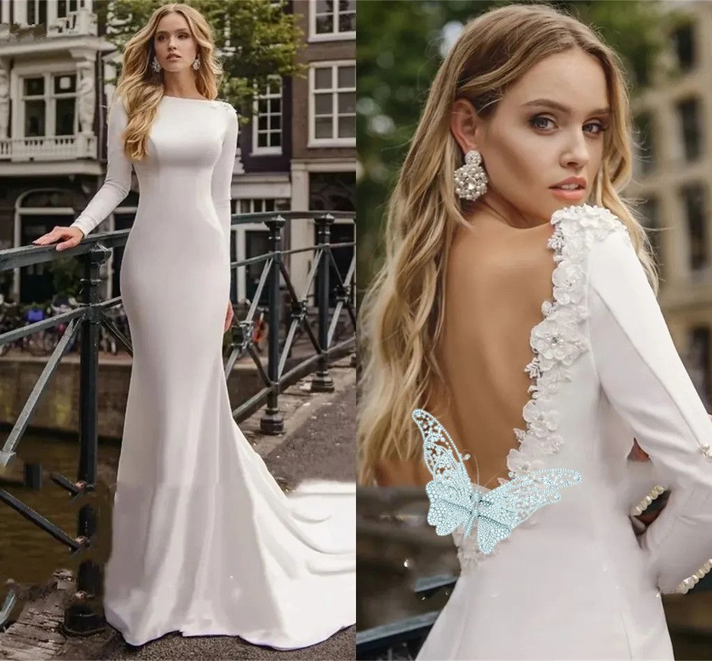 Minimalist Simple Mermaid Wedding Dresses Boho Garden Long Sleeves Bridal Gowns Sexy Open Back 3d Flowers Beaded Court Train Elegant Bride Robes de Cu
