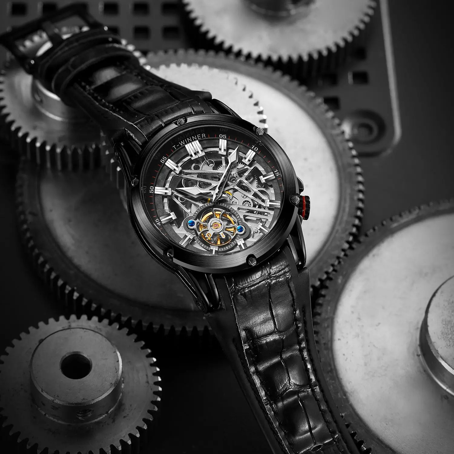 TWinner 2023 Men Automatic Mechanical Movement Watch Leather Strap Skeleton Fashion Waterproof for Male Gift Watches 240716