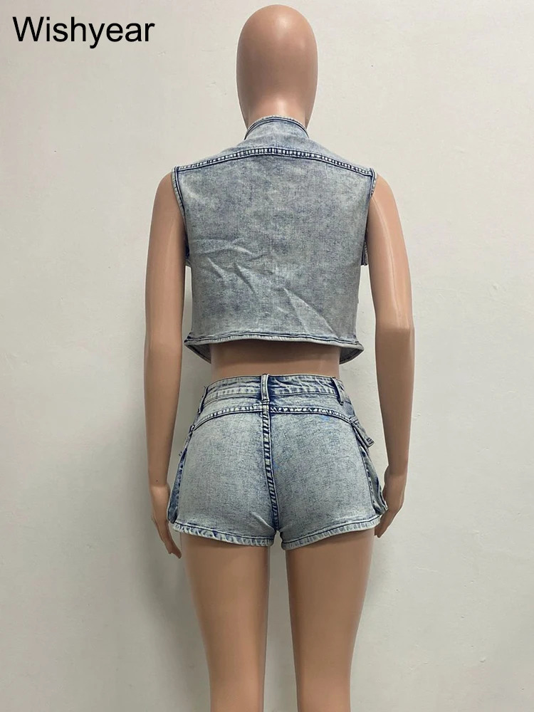 Sexy Stretch Denim Pockets Sleeveless Vest Jackets Crop Tops and Shorts Jean Two 2 Piece Set Birthday Club Beach Outfits 240716
