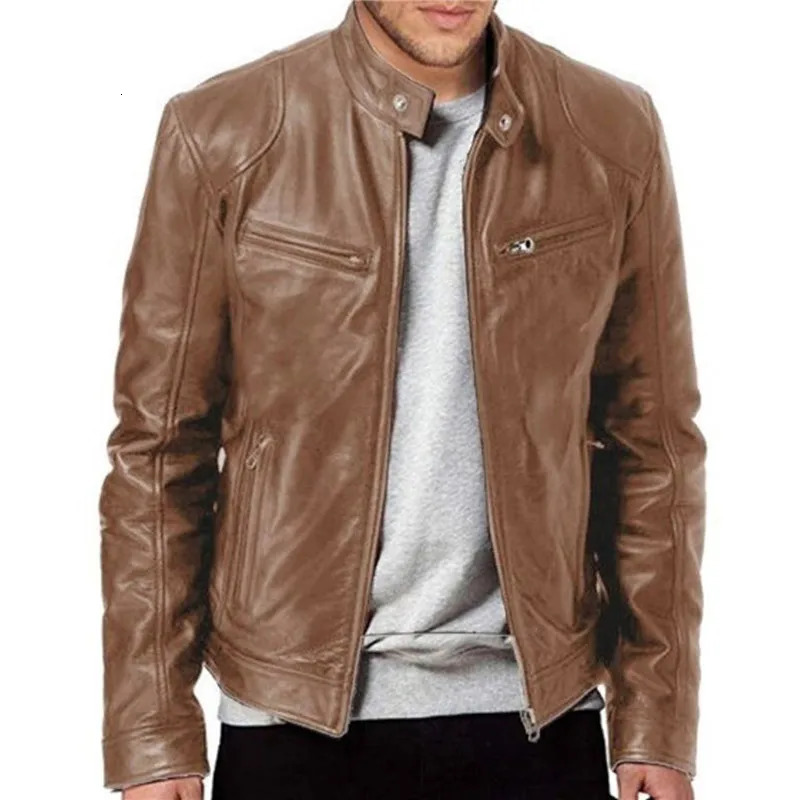 Mens Fashion Leather Jacket Slim Fit Stand Collar PU Male Antiwind Motorcycle Lapel Diagonal Zipper Jackets Men 240712