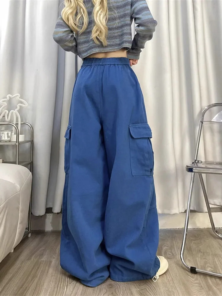 South Korean Y2K Fashion Brushed Casual Luggage Jeans Straight Wide Leg Sports Pants Trousers 240718