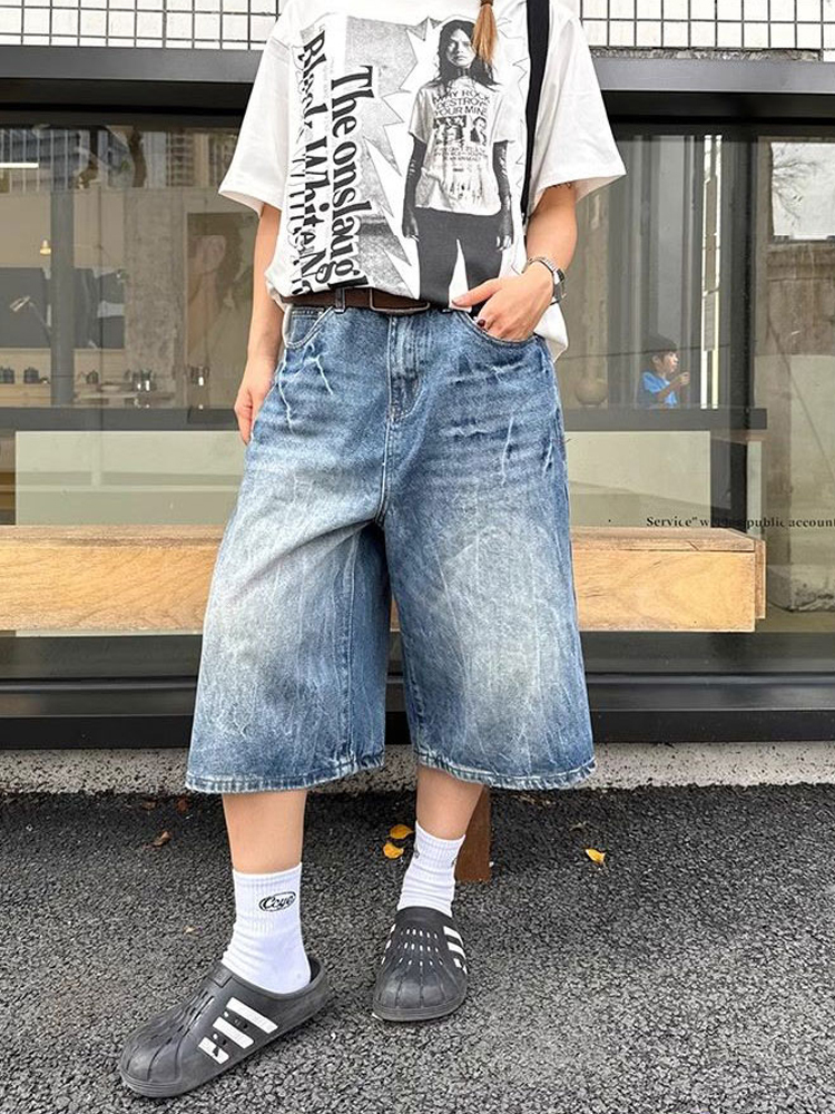 New American washed lightning pattern loose cropped denim shorts men and women, straight leg summer pants for the streets