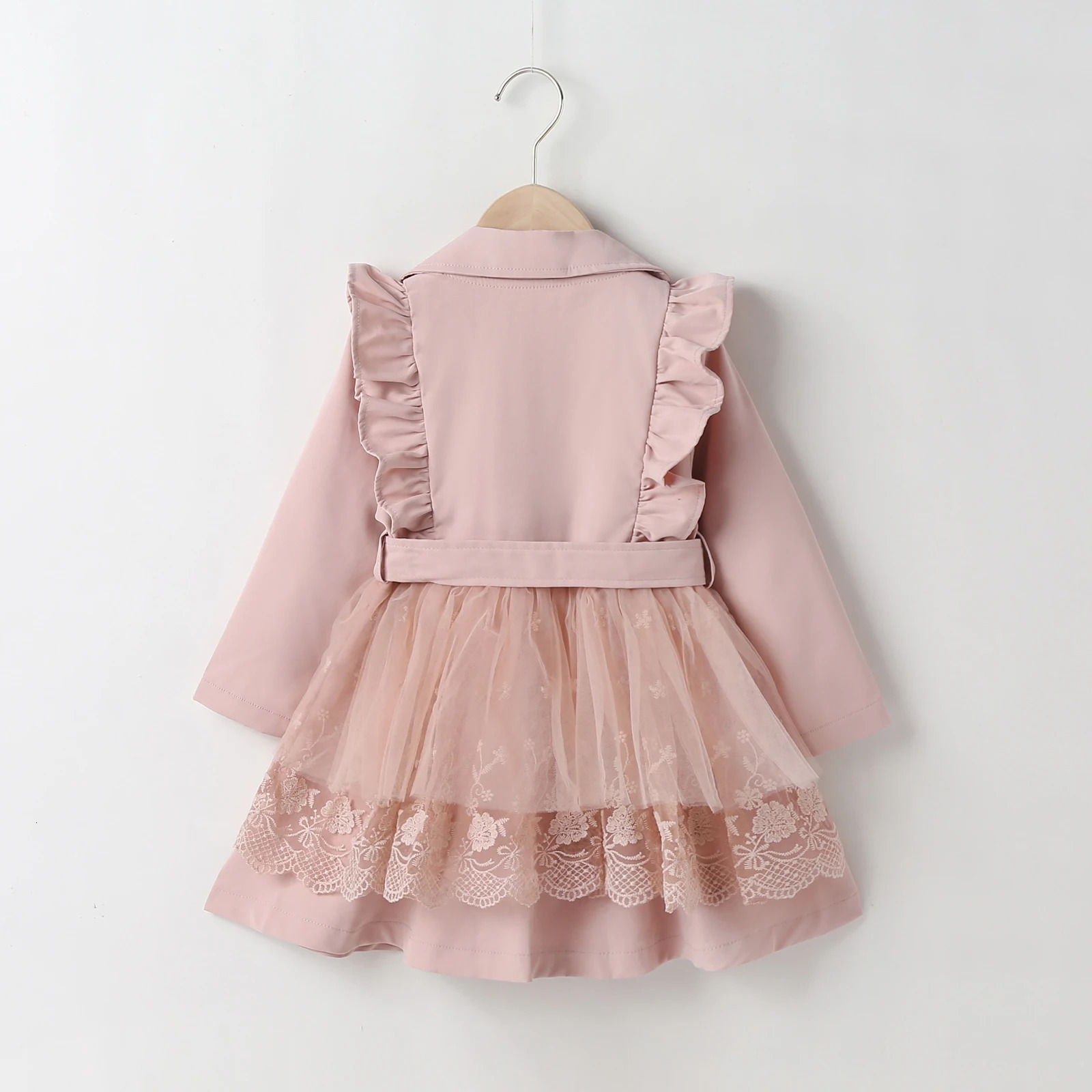 Kid Baby Girl Winter Trench Coat Lace Mesh Patchwork Long Sleeve Lapel Ruffle Double Breasted Windbreaker Outwear with Belt 2-7T 240711
