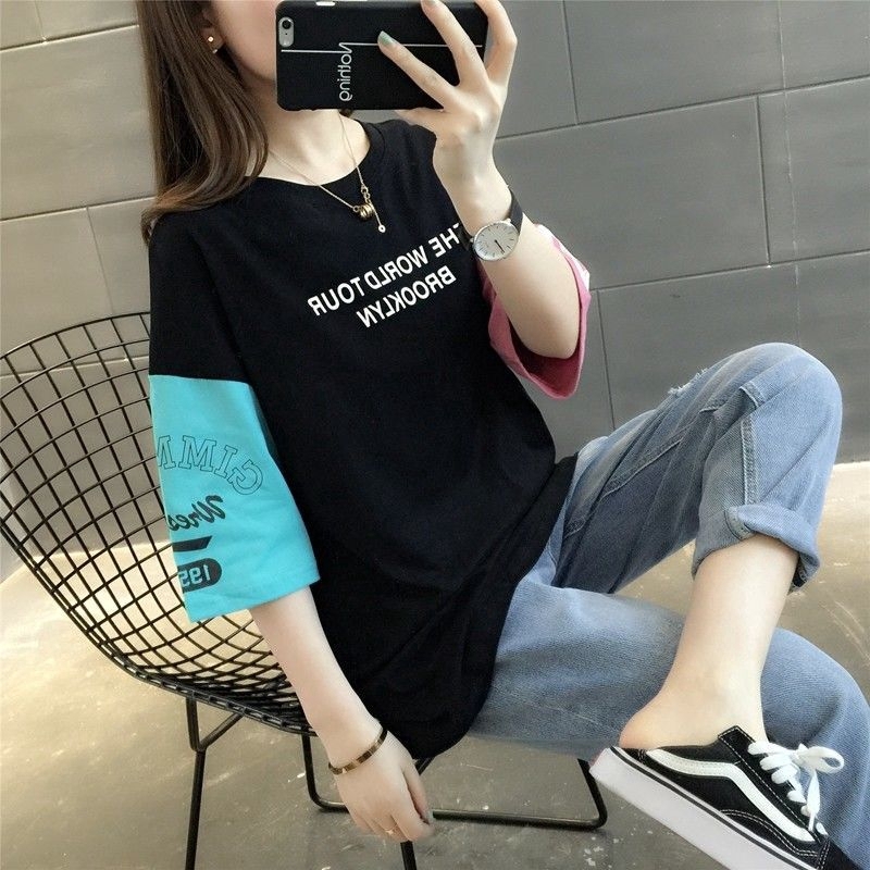 New loose short-sleeved ing t-shirt women Korean version of the wild printed hip-hop bottoming shirt student