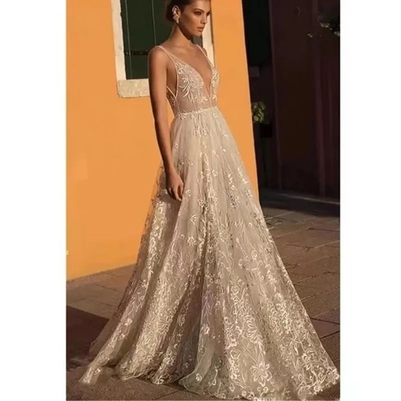 Floral Lace A Line Boho Wedding Dresses Bridal Gowns Sexy Bohemia Deep V Neck Lace Appliques Backless Tulle Floor Length Custom made