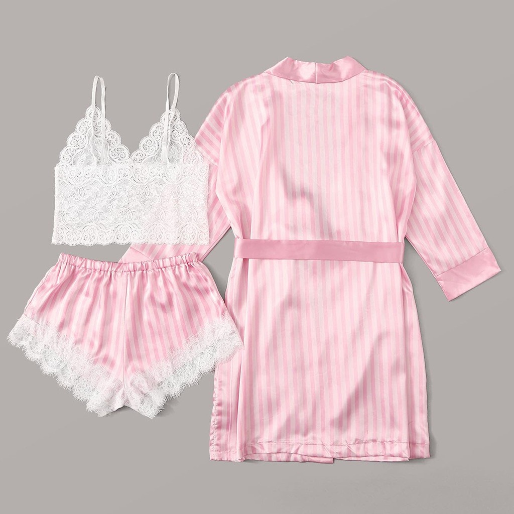 3PC Silk Robe Sleep Suit Womens Lace Satin Pajamas Gown Set V-neck Cami Nighties Wear Pijama Home Nightwear Spring Nightdress