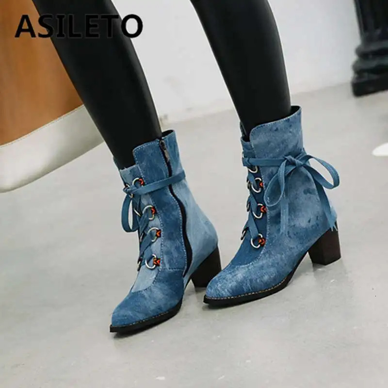 ASILETO Big size 35-46 western denim boots women cross tied high heels shoes woman blue cowboy ankle boots zipper booties mujer 240719