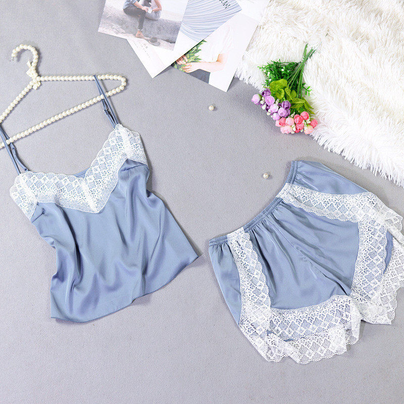 2024 New Ice Silk Pamas Women's Sexy Lace Sling Shorts Two Piece Pijama