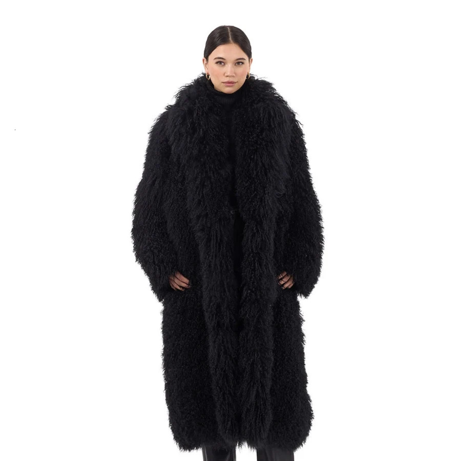 Womens Lambskin Coats Real Lamb Fur Coat Black Mongolian Fur Warm Winter Real Sheep Fur Long Coat 240716