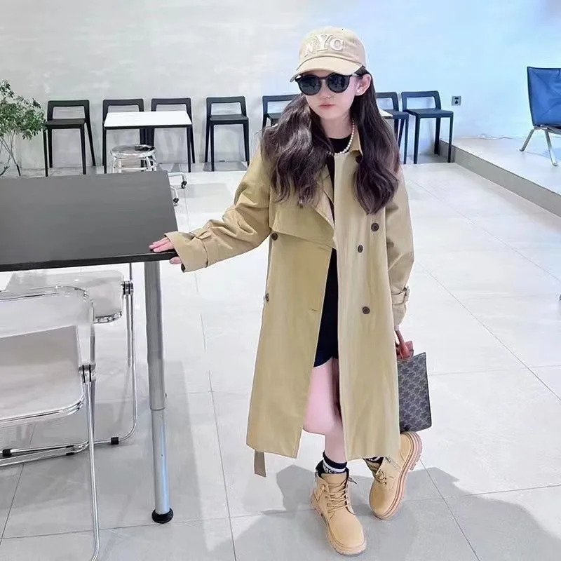 teenager Girls double breasted trench coat Korean 4-15 kids long jacket manteau enfant gabardina larga outerwear casaco infantil 240711