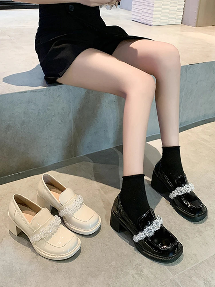 British Style Slip On Shoes For Women White Sneakers Clogs Platform Loafers With Fur Square Toe Oxfords Female Footwear Preppy S 240708