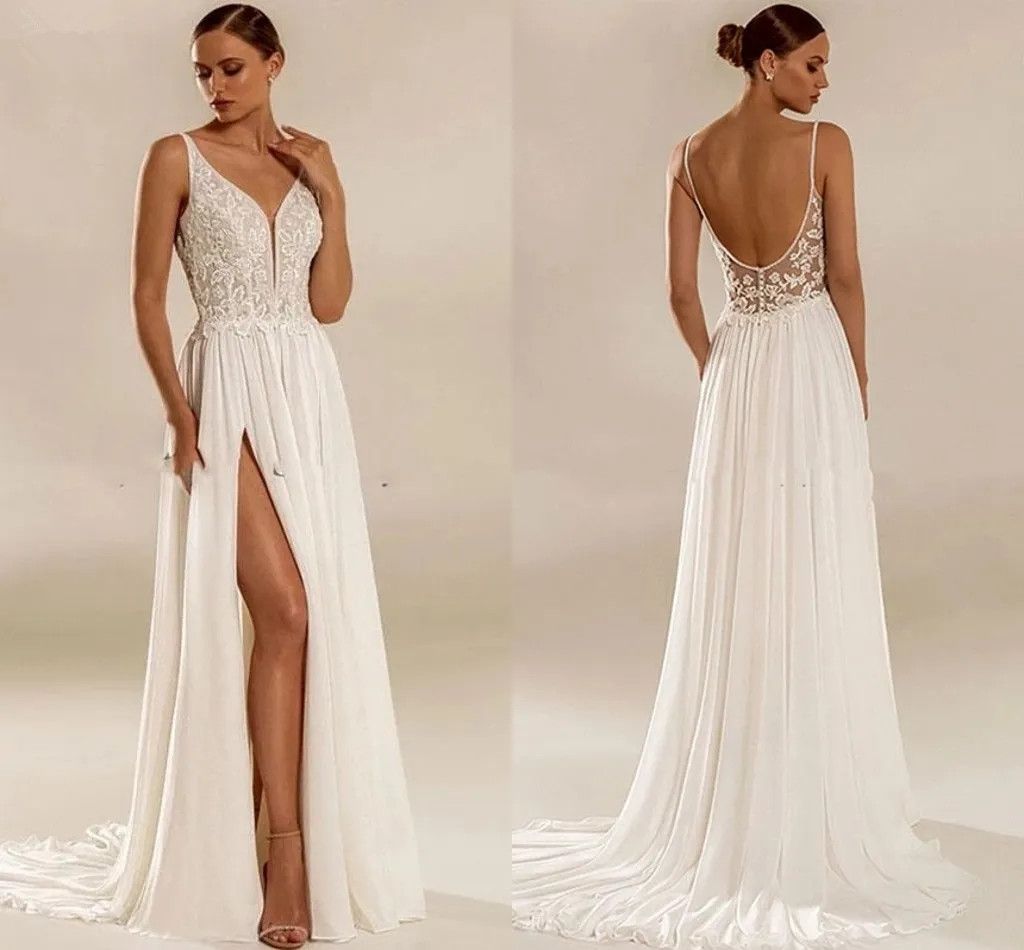 Plus Size V Neck Sexy Side Split A Line Wedding Dresses Summer Beach Elegant Lace Chiffon Boho Bridal Gowns With Pleats Vestidos De Novia Backless Bri