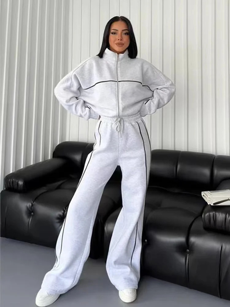 2024 Casual Set Longsleeved Half High Collar Cardigan Sweater Lace up Striped Pants Women Clothing Casual Two Piece Suits 240712