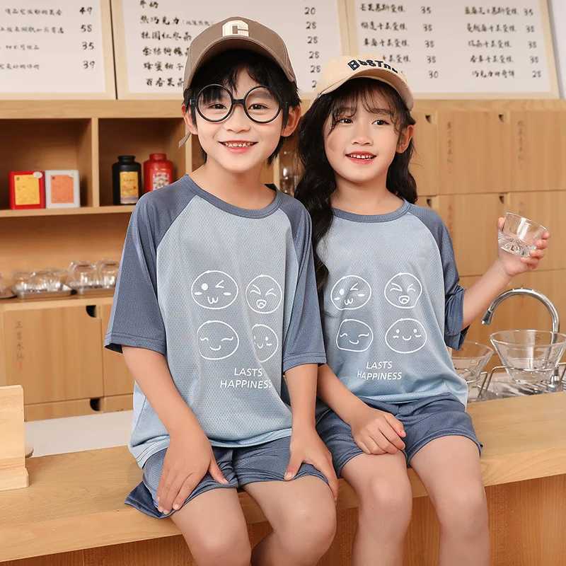 Baby sleepwear summer short sleeved childrens clothing sleepwear youth sleepwear silk cotton sleepwear set 6 8 10 12 years oldW240716