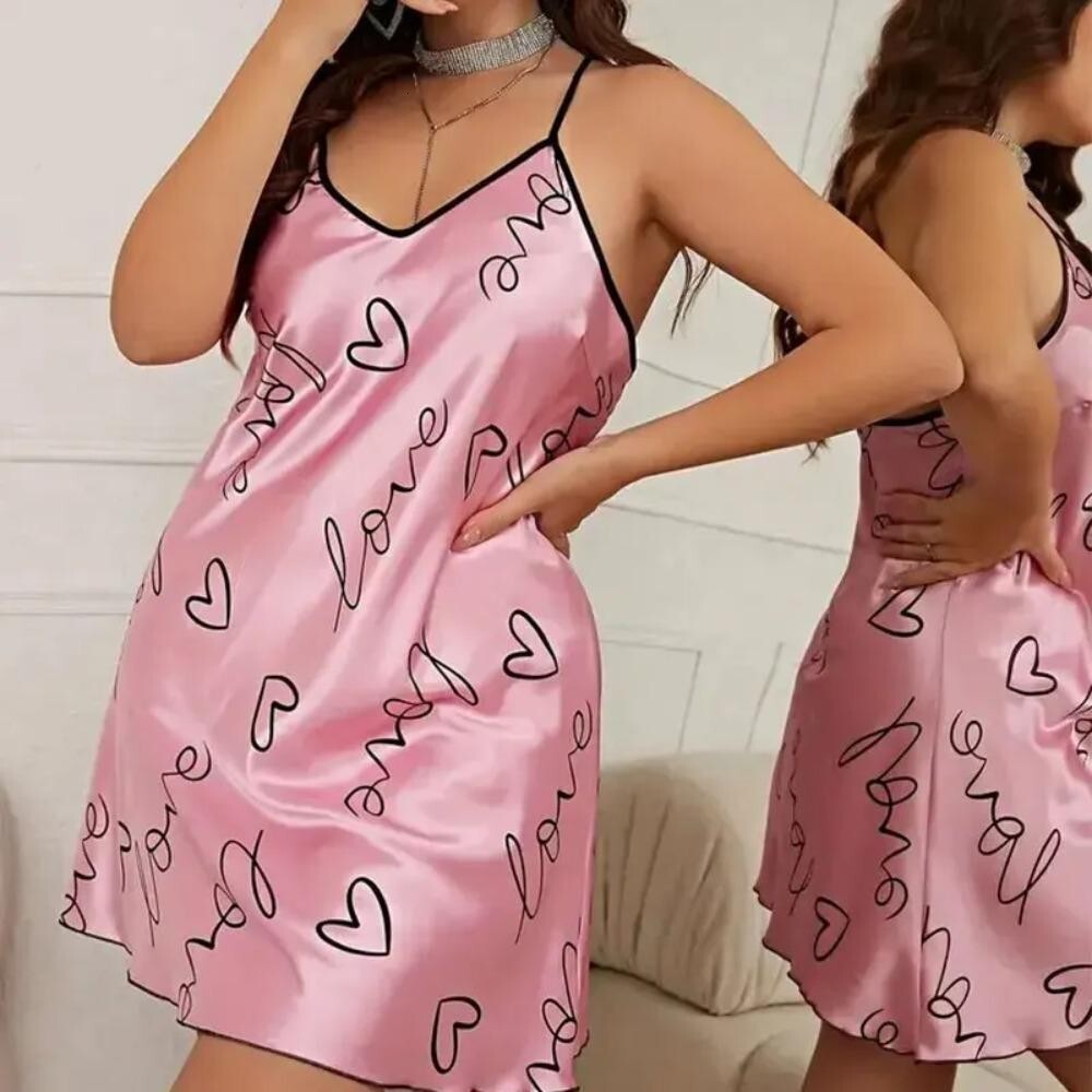 WONDER Summer Sexy Pamas, Women Criss Cross Sling Nightdress, Open Back Elegant Romantic Heart Print Sleeveless Sleepwear