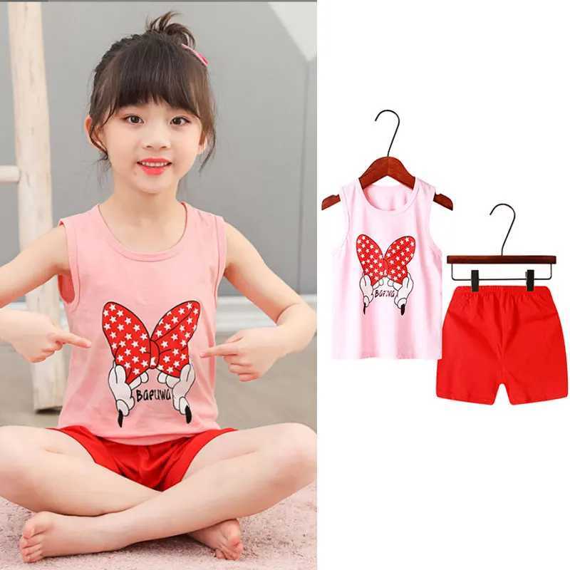 Childrens pajamas summer clothing set boys and girls vest top+shorts pajamas cartoon lion cotton childrens pajamasW240716