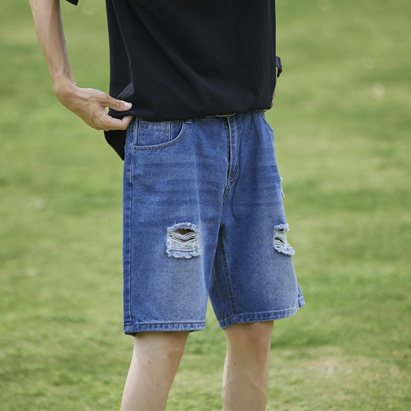 Summer ripped denim shorts men's thin fashion high street straight leg loose five quarter pants