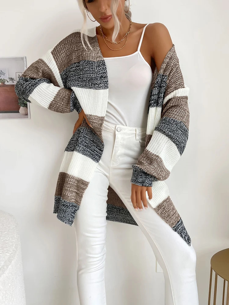 JIM NORA Autumn Women Cardigan V-neck Knitted Sweater Fashion Warm Holiday Cardigan Colourblock Soild Colour Coat 240717