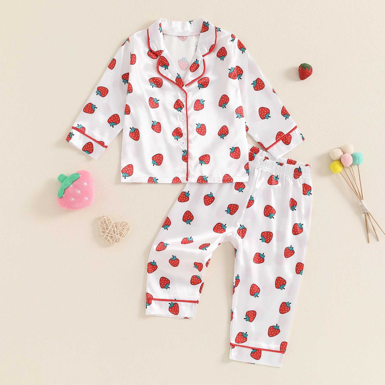 Autumn Childrens and Girls Satin Pajama Set Printed Long Sleeve Button Shirt Elastic Waist Pants W240716