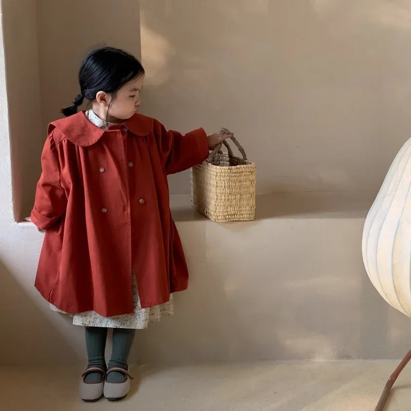 Baby Long Windbreaker Collar Children Kids Fashion Trenchcoats Korean Style Toddler Girls Clothes Autumn Kaki Trench Coats 240711