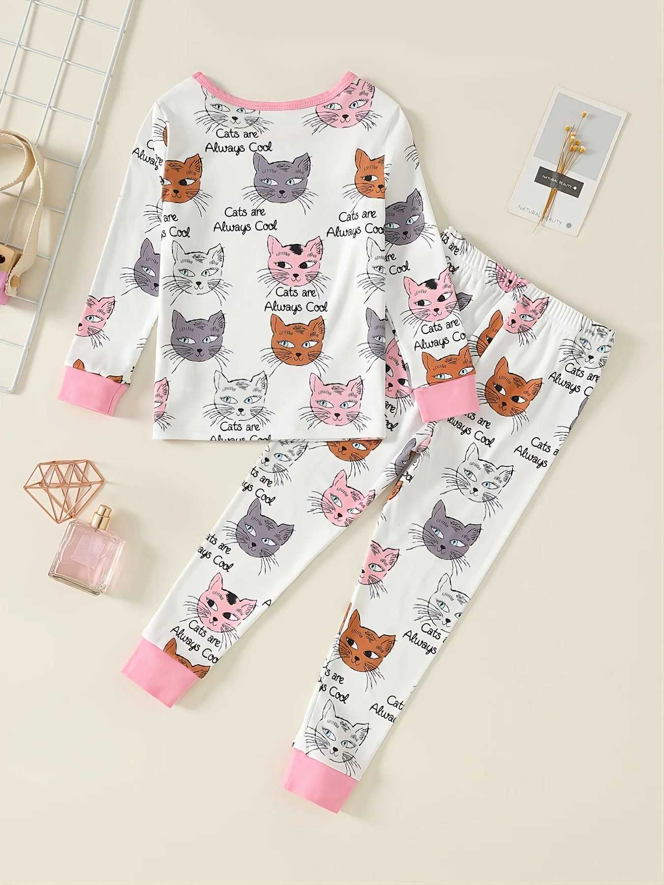 Girls two-piece cute cat head in spring and summer full-color comparison long sleeved tight fitting pajamas family setW240716