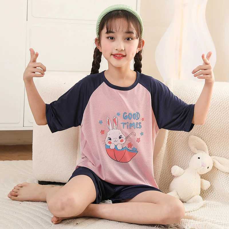 Baby sleepwear summer short sleeved childrens clothing sleepwear youth sleepwear silk cotton sleepwear set 6 8 10 12 years oldW240716