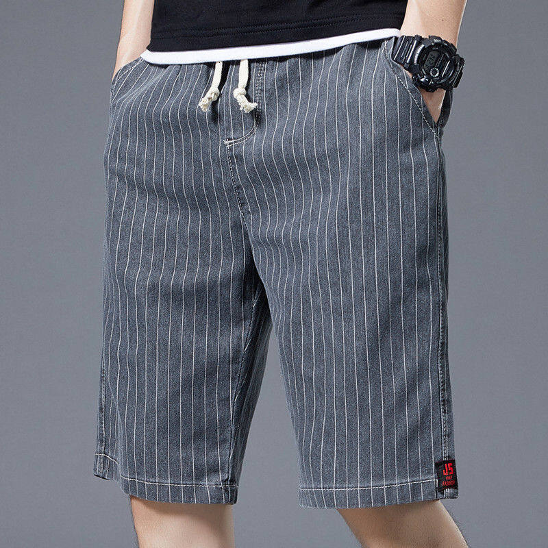 Summer Denim Shorts Men's Loose Outwear Cropped Fashion Brand Stripe Lace Large Casual Pants