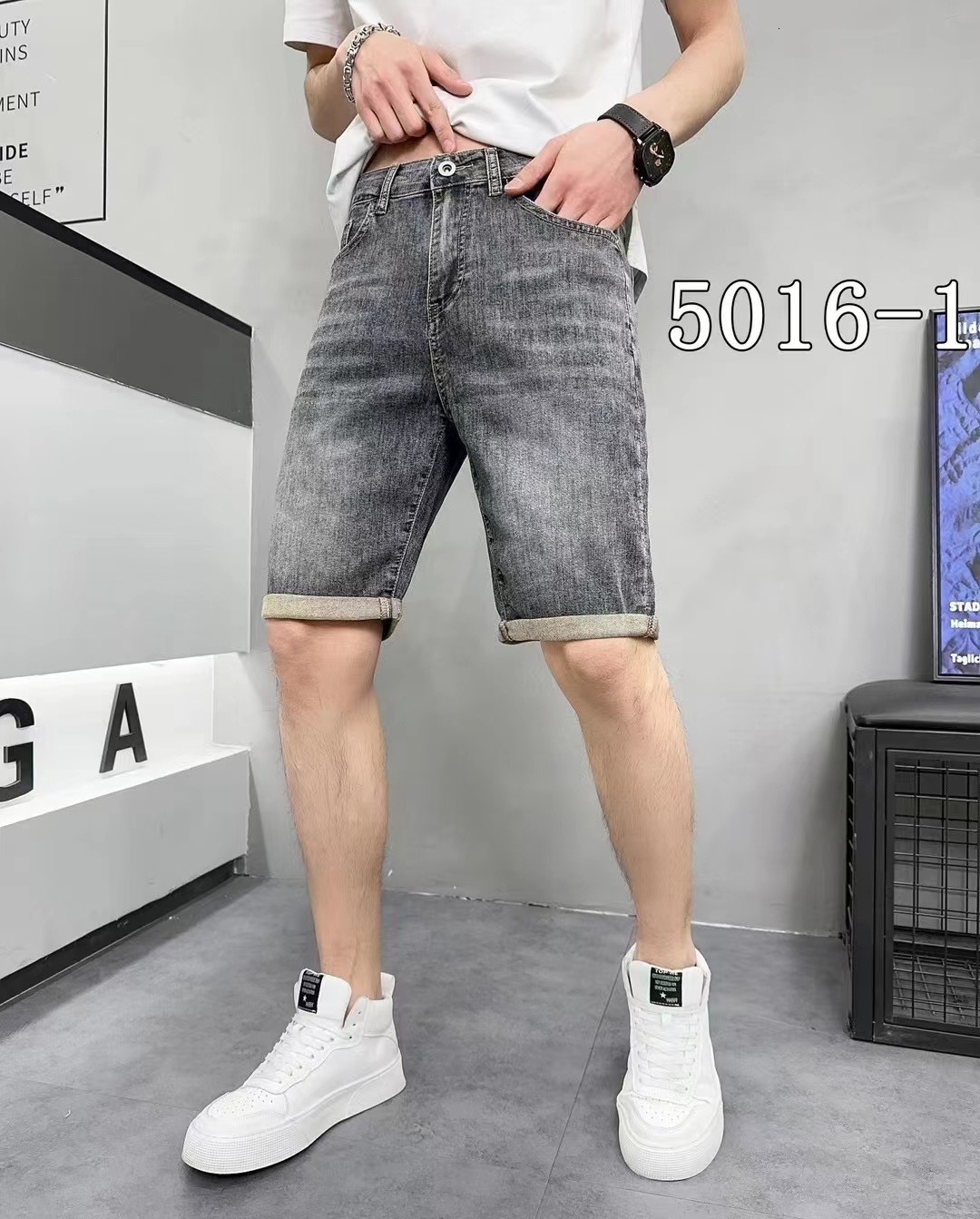 Grey black comfortable denim thin men's summer jeans shorts elastic loose straight leg five quarter pants
