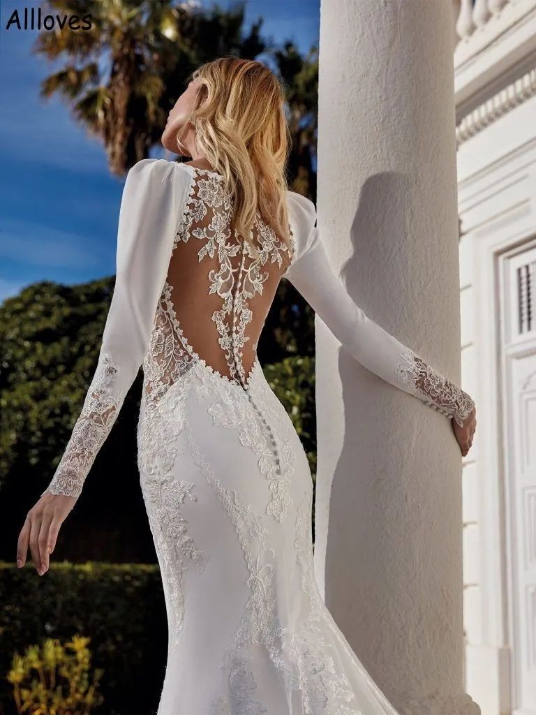 Boho Trumpet Mermaid Wedding Dresses With Long Sleeves V Neck Lace Appliqued Bridal Gowns Court Train Illusion Back Slim Fitted Elegant Satin Robes de