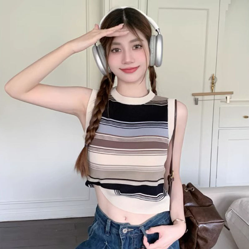 Summer new striped knitted small camisole vest women, slim fit for wearing outside and on the inside, sleeveless spicy girl top, cool silk
