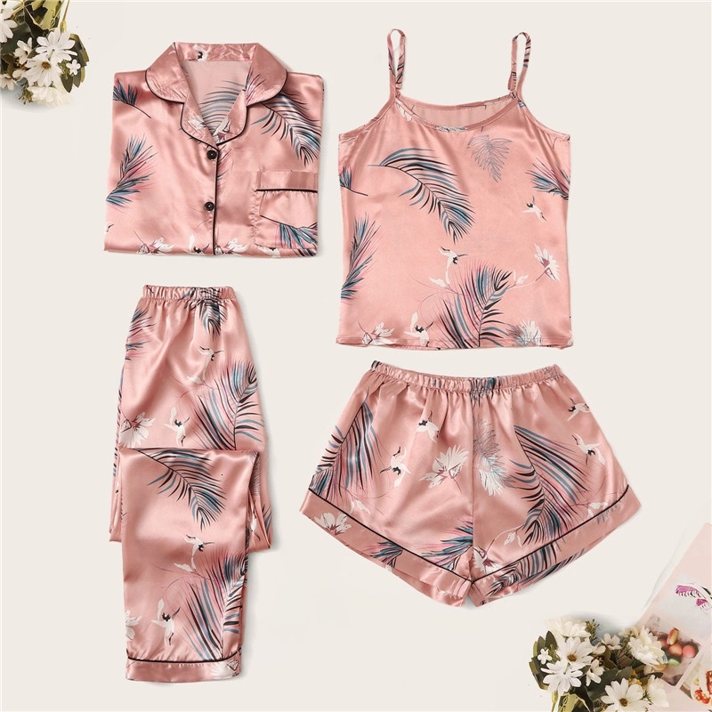 4 Pieces Silk Sets For Women Night Wear Sexy Sex Sling Shorts Sleeve Long Pants Satin Pamas