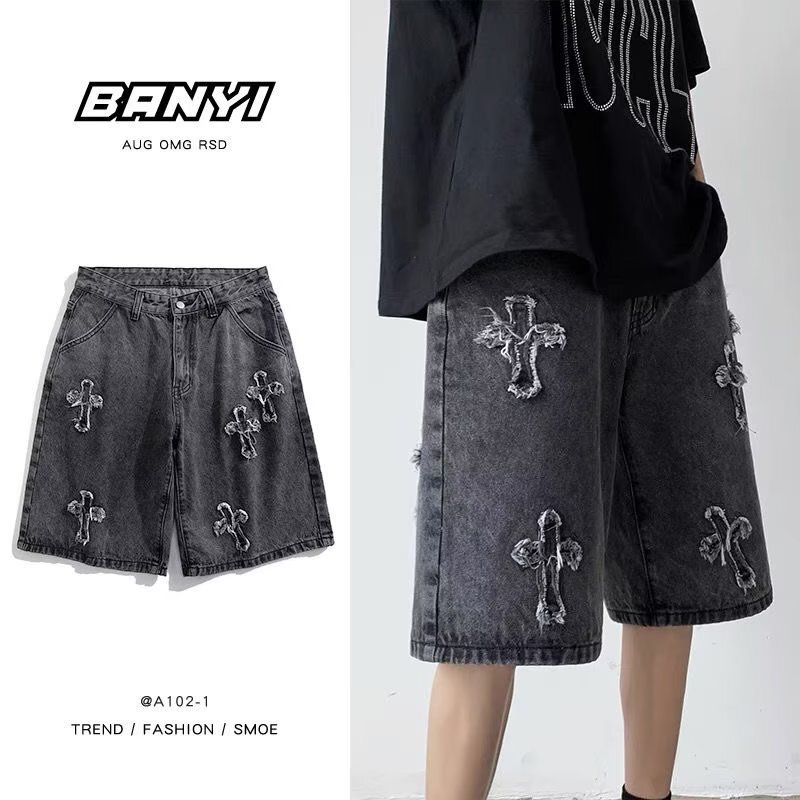 Denim men's summer 2022 new Korean version ins trendy outerwear loose oversized straight leg five inch shorts