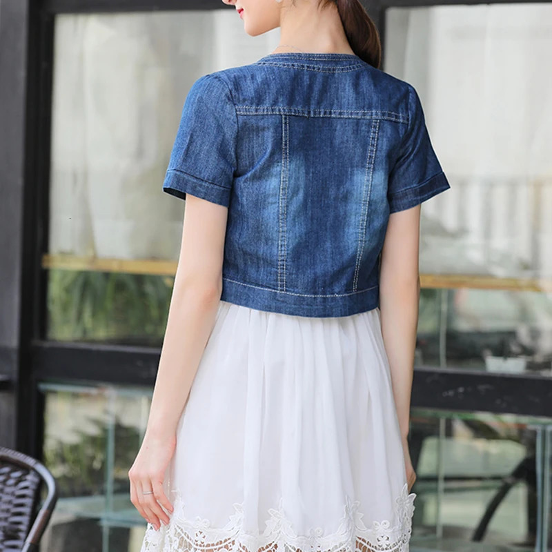 Autumn Women Denim Jackets Round Collar Basic Cropped Trendy Short Sleeve Jeans Blue Bomber Coat Tops 240717