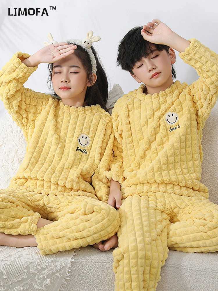 LJMOFA New Winter Childrens Pajama Set Thick Soft Flannel Baby Boys and Girls Long Sleeve Warm Pajama Childrens Home Set T118W240716