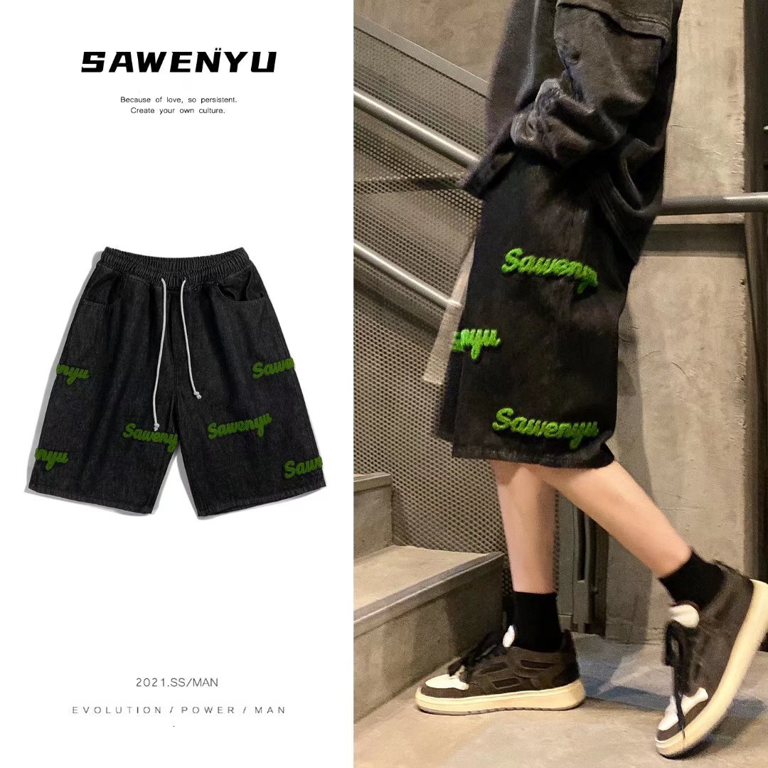 American denim shorts for male minority design vibe China-Chic high street knee length pants summer