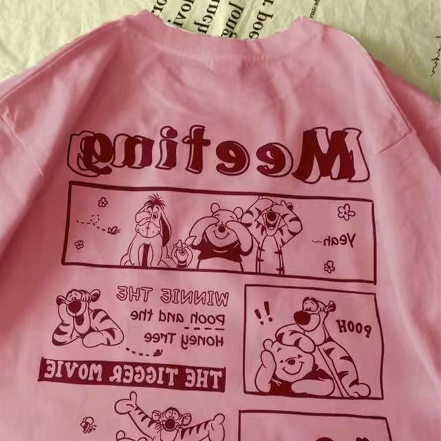 Women Super Cute Oversized BF Short Sleeve Shirt Tops Korean Drop Shoulder Loose Cartoon Printed Tee T-shirts