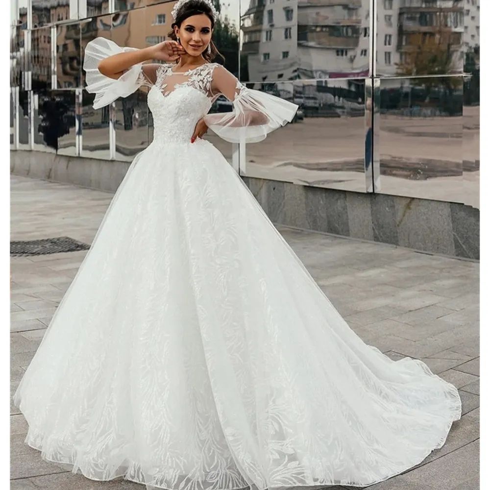 Scoop Neck A Line Wedding Dresses With Juliet Half Sleeves Lace Appliques Bridal Gowns Lace-up Back Tulle Second Recption Dress Custom made