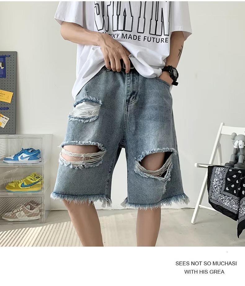 Perforated denim shorts summer thin, loose, straight leg pants, trendy Instagram for men's casual 5-point medium pants