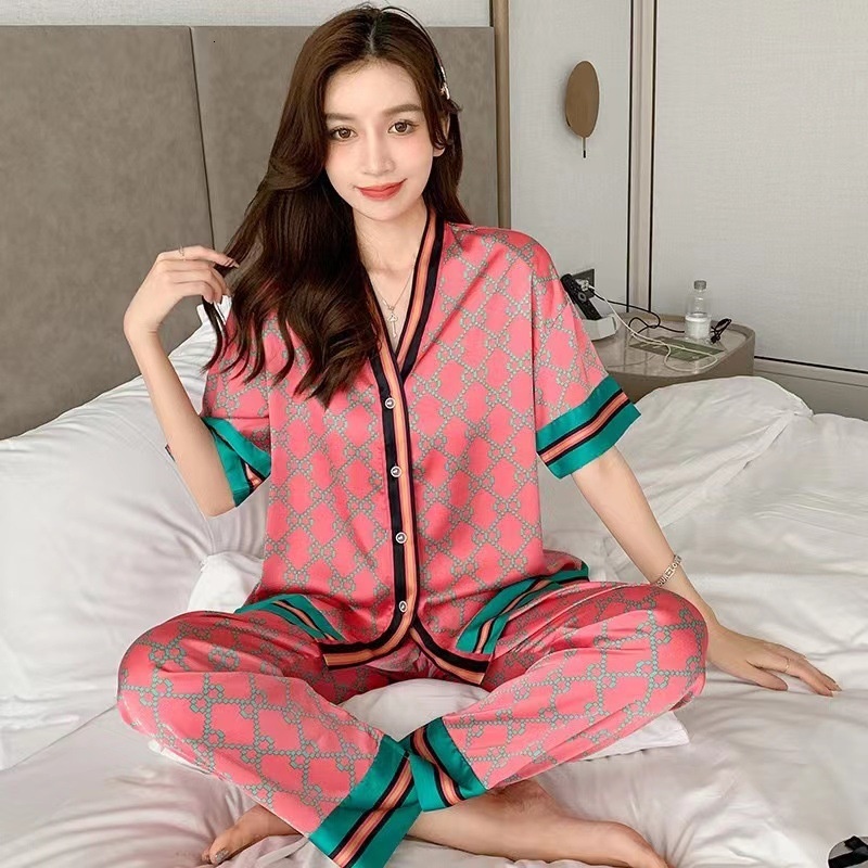 Ice Silk Pamas Women's Spring And Summer Thin Homewear Short-sleeved Cardigan Satin Large Size Sleepwear