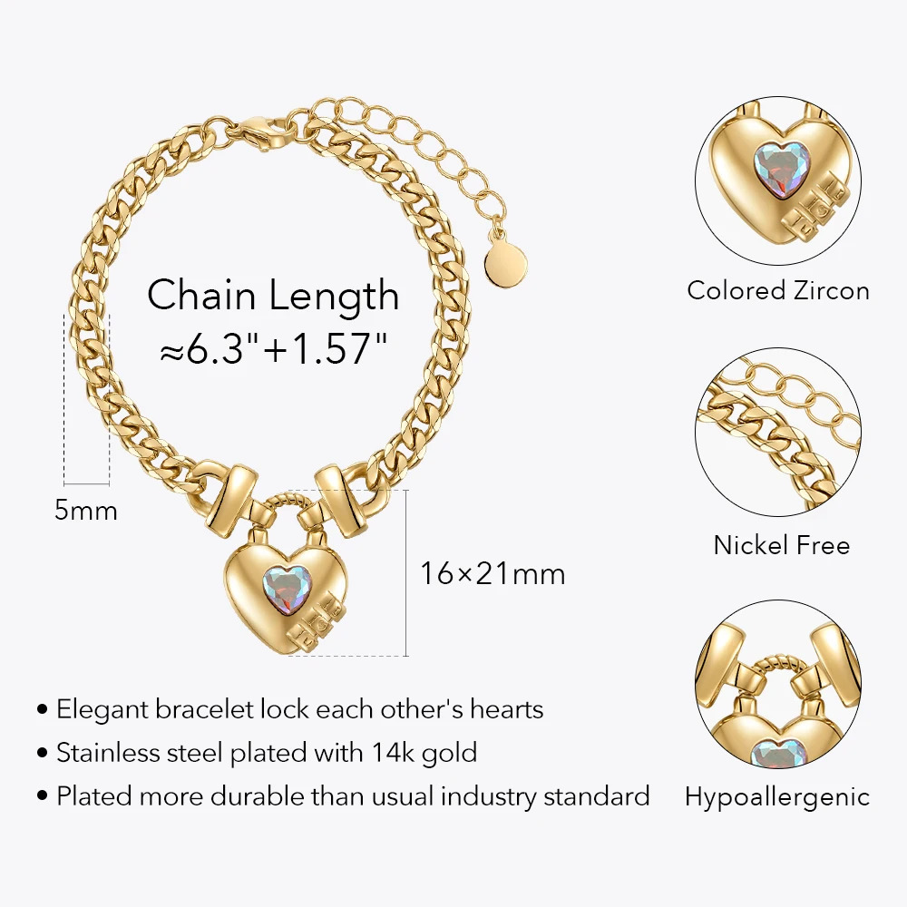 ENFASHION Heart-shaped Colored Zirco Bracelet For Women Stainless Steel Fashion Jewelry Gold Color Chain Bracelets Party B222277 240719