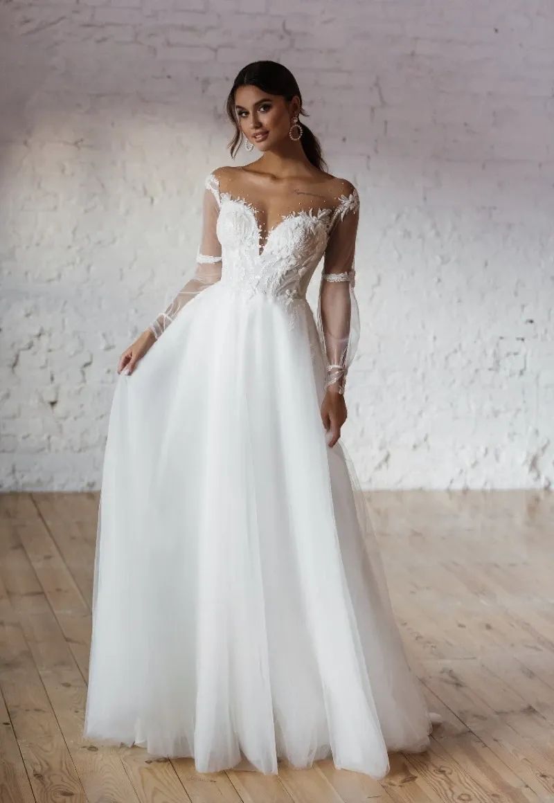 Luxury Long Jewel Neck Tulle Wedding Dresses Full Sleeves with Appliques A Line Floor Length Party Gowns for Bridals Custom Made