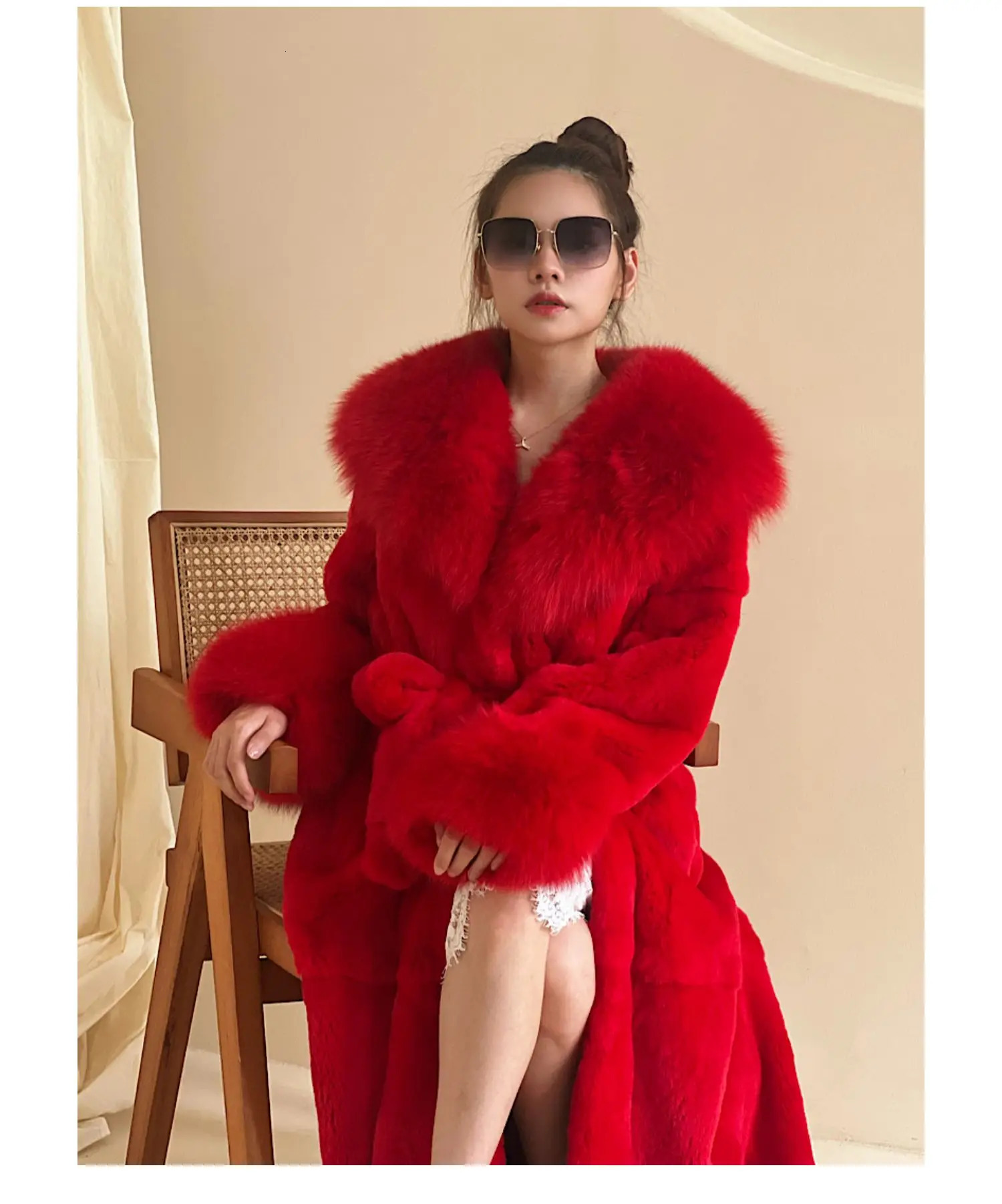 Winter Genuine 120Cm Length Real Rex Rabbit Fur Coats With Collar Trend Warm Natural Rabbit Fur Overcoat Women 240716