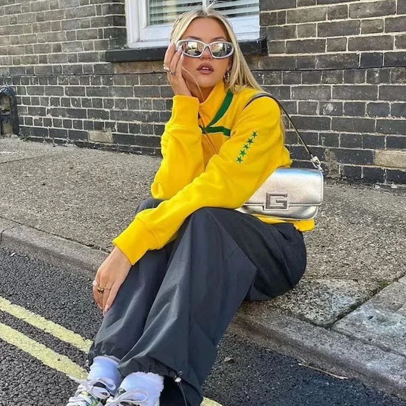 Vintage American Fashion Brazil Embroidery Zip Up Hoodies Womens Casual Loose Winter Warm Sweatshirt Y2k Harajuku Grunge Jacket 240715